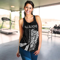 Black racerback tank top with All Blacks chest print and vertical Haka graphic