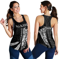 Black racerback tank top with All Blacks and Haka graphic print, dark print accents