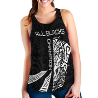 Black racerback tank with large All Blacks text and white Haka graphic front panel