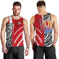 Red Polynesian patterned men’s tank top on model, sleeveless athletic fit, front view
