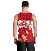 Red men’s tank top back view with island logo and hibiscus/floral pattern