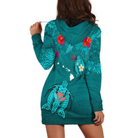 Hawaiian Islands Hoodie Dress - Hawaii Tropical Flowers and Turtles Turquoise LT13 - Wonder Print Shop