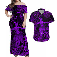 Purple off-shoulder maxi hula print dress with dancing figure and floral swirls
