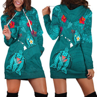 Hawaiian Islands Hoodie Dress - Hawaii Tropical Flowers and Turtles Turquoise LT13 - Wonder Print Shop