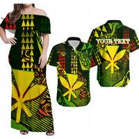 Multicolor off-shoulder Hawaiian maxi dress with tiki/triangle print in green and yellow