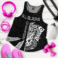 Black racerback tank with All Blacks and Haka logo-style graphic, sleeveless workout top