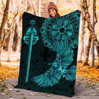 Black outdoor blanket with teal Viking raven tattoo art, sword and winged raven graphic