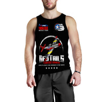 Black men's tank top front print with airplane nose, stars, and TUSKEGEE badge