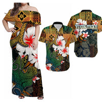 Off-shoulder hawaiian dress with multicolor shark and tropical flower print