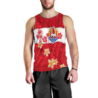 Red men’s tank top with chest island emblem and large plumeria flower graphics