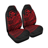 Front seat cover set, black base with red Hawaiian hibiscus and humpback tribal print