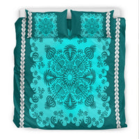 Turquoise bedding set with teal large mandala and decorative corner swirls, includes two pillows
