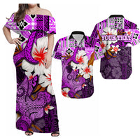 Purple matching Hawaiian dress and shirt set, off-shoulder, hibiscus and hammerhead shark print