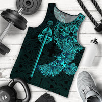 Men’s black tank top with turquoise Viking raven sword illustration, sleeveless