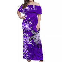 custom-personalised-hawaii-off-shoulder-long-dress-polynesia-purple-sea-turtle-honu-and-hibiscus