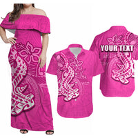 Pink off-shoulder long dress and matching Hawaiian shirt with shark tribal print