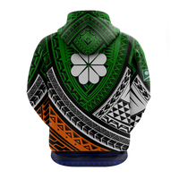 Kids green hoodie back with hood, large flower emblem, and tribal pattern across sleeves