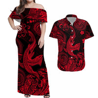 Off-shoulder maxi dress & short-sleeve shirt, red/black Polynesian print set