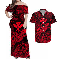 Red off-shoulder maxi dress with turtle map pattern; matching short-sleeve shirt