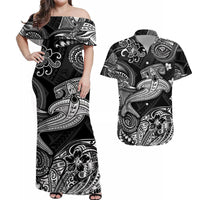 Black off-shoulder maxi dress with white Polynesian tribal wave and flower print
