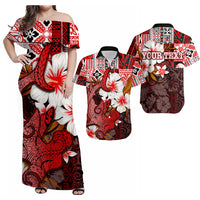 Off-shoulder maxi dress in red, black, and white with hibiscus and shark print