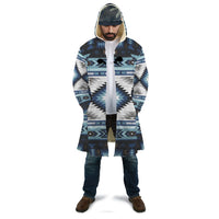 Unisex blue patterned AOP cloak, full hood, front tie, geometric zigzags