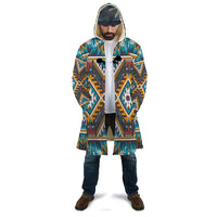 Multicolor aztec geometric print hooded cloak with front opening and long sleeves