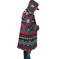 Multicolor patterned hooded cloak, side view with long sleeves and open front