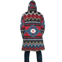 Multicolor patterned hooded cloak, back view with full-length hem and long sleeves