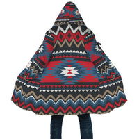 Multicolor Aztec-style hooded cloak with oversized silhouette and drawstring hem