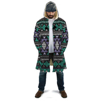Unisex neon tribal print hooded cloak, black with green, purple, and white patterns