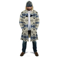 Long hooded cloak, seamless geometric print in blue/black/cream, unisex style