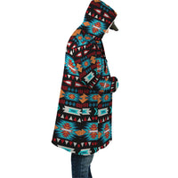 Side view hooded cloak, multicolor geometric Aztec pattern on dark base
