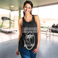 Black Fiji Rugby racerback tank with full-front Fiji Rugby shield over tribal stripe design