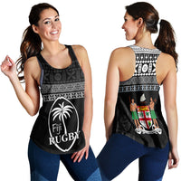 Women’s black racerback tank with white Fiji Rugby logo and patterned graphic