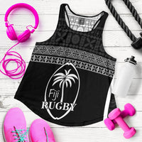 Black racerback tank with Fiji Rugby shield logo, geometric tribal band across chest