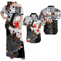Off-shoulder maxi dress, black/white shark & hibiscus print, red accents