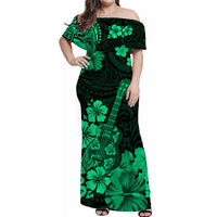 hawaii-off-shoulder-long-dress-polynesia-green-ukulele-flowers