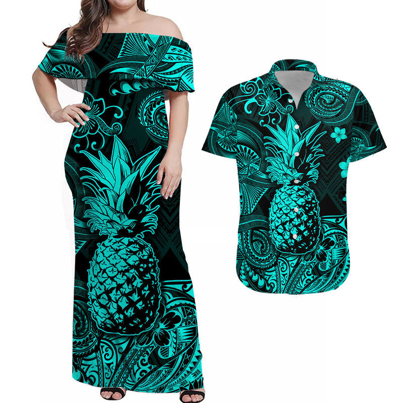 hawaii-pineapple-polynesian-combo-dress-and-hawaiian-shirt-matching-couples-outfit-unique-style-turquoise