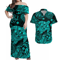 Hawaii Turtle Polynesian Matching Hawaiian Outfits For Couples Plumeria Flower Unique Style - Turquoise LT8 - Wonder Print Shop