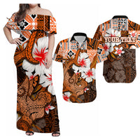 Off-shoulder maxi dress with orange, brown, and white floral shark print