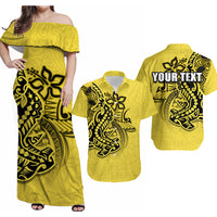 Yellow off-shoulder maxi dress with black hammerhead print; matching Hawaiian shirt set