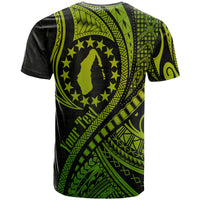 Green and black T-shirt with large circular emblem and detailed tribal wave print