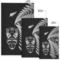 Rug sizes: large 5x8 ft, medium 4x6 ft, small 3x5 ft; black with white fern and mask