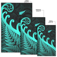 Koru fern rug set: 5x8, 4x6, 3x5 in turquoise on dark green