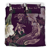 Purple tropical bedding set with Aumakua graphic, two pillows, “Your Text” personalization