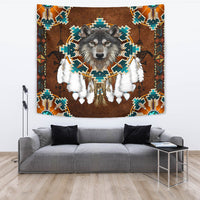 Gray wolf with teal beaded medallion tapestry, orange and turquoise geometric border