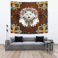 Native American White Wolf With Headress Feathers Tapestry LT10 - Wonder Print Shop