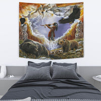 Native American tapestry featuring wolves, bear, and black eagle across the sky