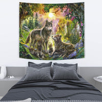 Native American Wolf Happiness Family In The Spring Forest Tapestry LT10 - Wonder Print Shop